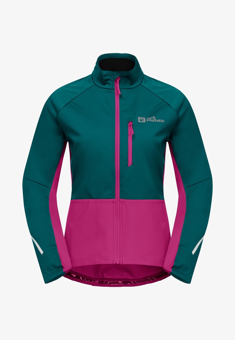 Veste softshell turquoise et rose avec une poche poitrine zippée, un col montant et des détails réfléchissants sur les manches. Présente une coupe ajustée.