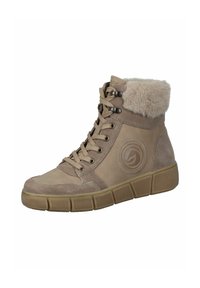 Zapatillas altas beige hechas de ante y cuero, con un cuello de pelaje sintético, sistema de cordones en la parte frontal y una suela de goma redondeada con textura antideslizante.