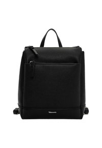 Czarny skórzany plecak o teksturowanej powierzchni, z górnym uchwytem i przednią kieszenią na zamek. Posiada regulowane paski i subtelne oznaczenie marki.