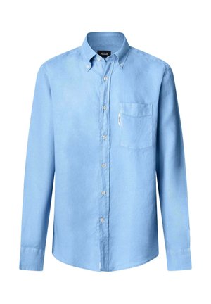 Camicetta a maniche lunghe azzurro chiaro realizzata in tessuto con una texture liscia, dotata di colletto a punta, taschino frontale e cinque bottoni lungo la patta.