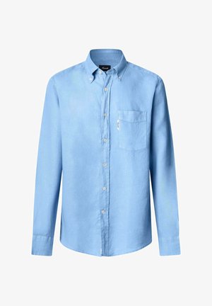 Light blue long-sleeve shirt made of fabric with a smooth texture, featuring a button-down collar, front pocket, and five buttons along the placket.