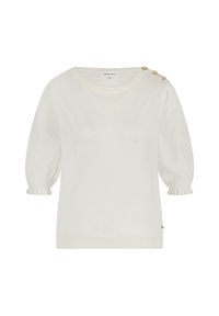 Witte gebreide trui met korte puffmouwen, geribbelde manchetten en een ronde halslijn. Beschikt over decoratieve knopen op de linkerschouder.
