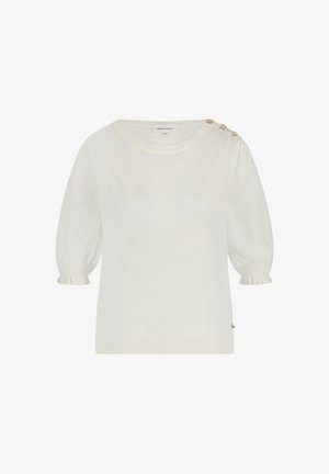 White knit sweater with short puff sleeves, ribbed cuffs, and a round neckline. Features decorative buttons on the left shoulder.