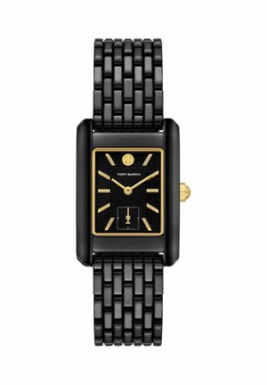 Zwarte rechthoekige polshorloge met gouden accenten, gouden urenaanduidingen en wijzers, kettingarmband en een kleine secondewijzer op 6 uur.