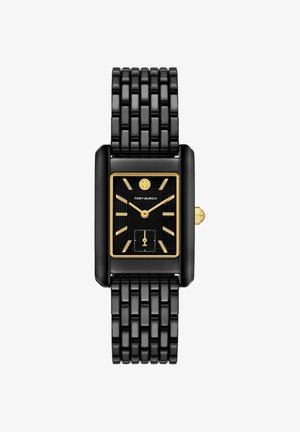 Reloj de pulsera rectangular negro con detalles dorados, marcadores y agujas de hora dorados, pulsera de eslabones y un pequeño subesfera de segundos a las 6 en punto.