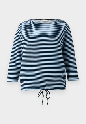 Striped longsleeve w kolorze granatowym i jasnoniebieskim. Posiada okrągły dekolt, sznurkiem do regulacji u dołu oraz guziki na ramionach.