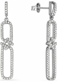 Orecchini d'argento con anelli rettangolari, incastonati di gemme trasparenti. Presentano un design a nodo tra gli anelli e una finitura lucida.