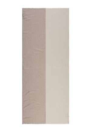 Écharpe rectangulaire beige et taupe clair avec une texture subtile et des bords effilochés, pliée à plat sur un fond blanc.