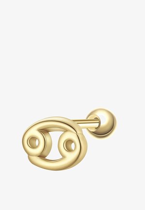 Ohrstecker aus goldfarbenem Metall in Form einer Langhantel mit einem Anhänger des Sternzeichens Krebs.