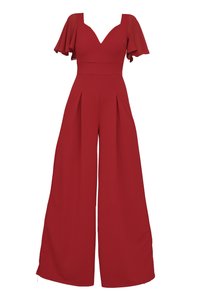 Rode jumpsuit met V-hals, uitlopende mouwen en brede pijpen. Gemaakt van een gladde stof met plooien bij de taille en zoom.