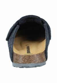 Dark gray felt clog with cork footbed, open back, and rubber sole. Inside shows a smooth, light-colored insole with brand logo and size.