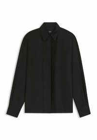 Maglietta nera a maniche lunghe con colletto classico e pannello frontale plissettato. Realizzata in tessuto morbido con polsini sartoriali.