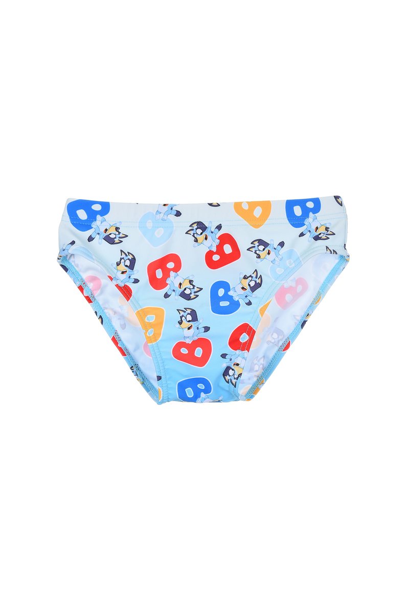 Kąpielówki w jasnoniebieskim kolorze z powtarzającym się wzorem z kreskówkowymi psami i kolorowymi literami B w kolorach czerwonym, pomarańczowym i niebieskim. Gładki, elastyczny materiał.