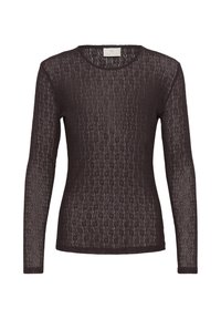 Haut noir en dentelle ajusté à manches longues avec encolure ronde et motif floral subtil, en tissu transparent.