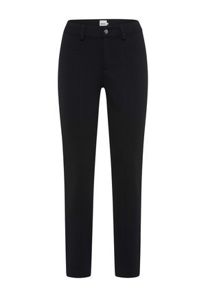 Schwarze, gerade geschnittene Hose aus dehnbarem Material mit glatter Textur. Verfügt über zwei Vordertaschen und einen vorderen Knopfverschluss.