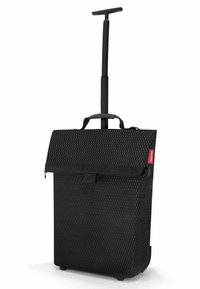 Borsa nera con ruote, design a rete, chiusura con zip, maniglia superiore e manico estraibile per la mobilità. Forma quadrata con base strutturata.