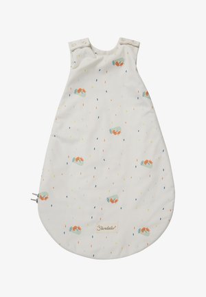 Schlafsack aus weichem, weißem Stoff mit einem verspielten Muster aus Füchsen und bunten Punkten. Abgerundete Form mit Druckknopfverschluss an der Oberseite.