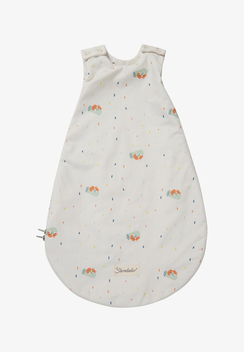 Schlafsack aus weichem, weißem Stoff mit einem verspielten Muster aus Füchsen und bunten Punkten. Abgerundete Form mit Druckknopfverschluss an der Oberseite.