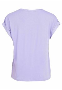 T-shirt lilla a maniche corte con scollatura rotonda e polsini arrotolati, realizzata in un tessuto morbido, caratterizzata da una vestibilità comoda e orlo dritto.