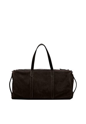 Black rectangular duffel bag with dual top handles, side straps, and a zipper closure, shown against white background.