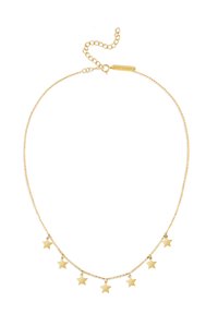 Collar tono dorado que presenta una delicada cadena con cinco pequeños colgantes en forma de estrella, uniformes en tamaño y espaciados de manera uniforme. Cierre ajustable.