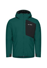 Türkise und schwarze isolierte Jacke mit Kapuze, mit einer diagonalen schwarzen Brusttasche, zwei zipbaren Seitentaschen und elastischen Bündchen.