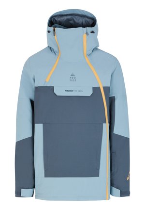 Windproof jacket featuring a light blue and dark blue color block design, adjustable hood, and contrasting yellow zipper and accents.