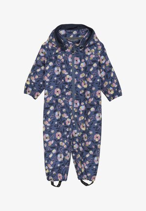 Marine bloemenprint regenjas met rits, elastische manchetten en verstelbare enkelbanden, met roze en gele bloemenpatronen.