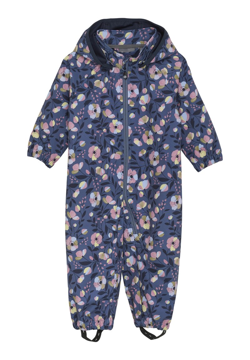 Granatowy płaszcz przeciwdeszczowy w kwiaty z zamkiem błyskawicznym, elastycznymi mankietami i regulowanymi paskami na kostkach, z różowymi i żółtymi wzorami kwiatowymi.