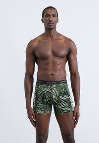 Férfi alsónadrág, zöld trópusi levélmintával fekete háttéren, elasztikus fekete derékpánttal, amelyen a "BJÖRN BORG" felirat olvasható.