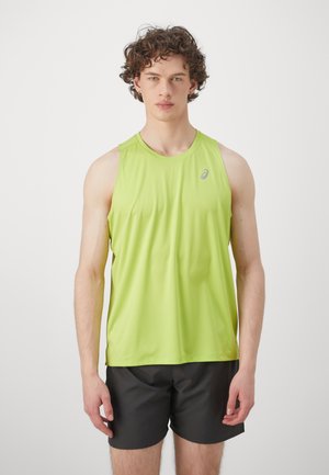 Men's bright green sleeveless athletic shirt made of lightweight fabric, paired with black shorts, featuring a subtle logo detail.