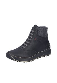 Bottines en cuir noir avec un col texturé gris, des coutures contrastées et une semelle en caoutchouc dotée d'un motif de bande de roulement.