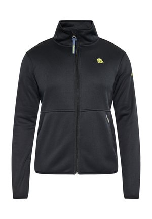 Giacca in pile nera con zip e colletto alto, dotata di logo giallo e dettagli sulla zip, tessuto testurizzato e tasche frontali.