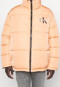 Peach puffer jacket with high collar, zip closure, and branded logo on the chest. Features quilted design and elastic cuffs.
