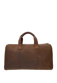 Bruine leren reistas met een afgerond lichaam, gestikte naden en twee stevige handgrepen. Voorzien van een ritssluiting aan de bovenkant.