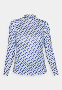 Long-sleeve shirt made of lightweight fabric featuring a blue and white geometric pattern, with a high neck and flat seams.