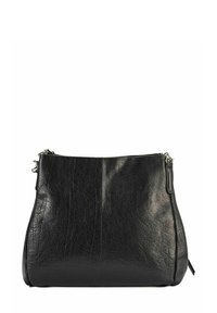 Czarna skórzana torba na ramię o gładkiej fakturze, zaokrąglonym kształcie i srebrnych akcentach. Posiada zamek błyskawiczny i detal w postaci bocznego tagu.