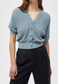 Hellblauer Strickcardigan mit V-Ausschnitt, kurzen Ärmeln, strukturiertem Muster und sechs Knöpfen auf der Vorderseite. Kombiniert mit schwarzen Hosen.