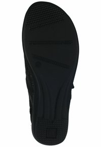 Zwarte schoenzool met een geprofileerde rubberen grip, met horizontale en verticale groeven. Twee gegraveerde logo's nabij de hiel.