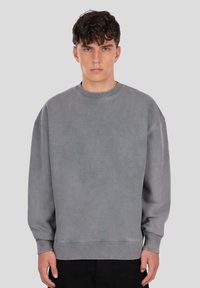 Grey crew neck sweatshirt featuring a relaxed fit, ribbed cuffs, and hem. Soft fabric with a smooth texture, minimal embellishments.