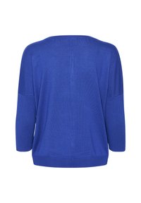 Blue knit sweater with a loose fit, wide neckline, and three-quarter sleeves. Textured fabric with a smooth finish and no visible patterns.