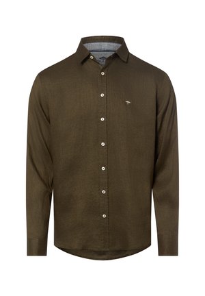 Męska koszula na guziki z długim rękawem w kolorze oliwkowej zieleni, z kołnierzykiem i małym haftowanym logo na lewej piersi.