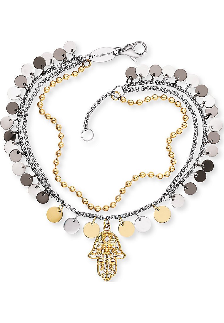 Collana a più colori con strati sovrapposti, caratterizzata da perline metalliche, catene d'argento e un ciondolo a forma di mano dorata al centro. Include dischi rotondi di varie dimensioni.