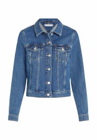 Jeanjacka i medelblå färg med krage, fyra frampocketar, silverknappar och en kort design med långa ärmar.