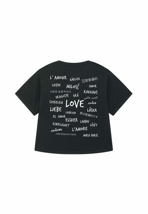 Black short-sleeve t-shirt featuring various languages of "love" in white text on the back, with a loose, relaxed fit.