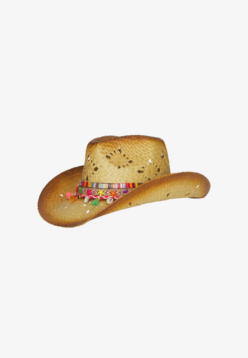 Chapeau de cowboy en paille tressée avec large bord incurvé et bande décorative colorée avec perles et pompons autour de la couronne.