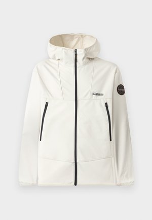 Lightweight, cream-colored jacket with a hood, featuring black zippers, two front pockets, and a circular logo on the left sleeve.