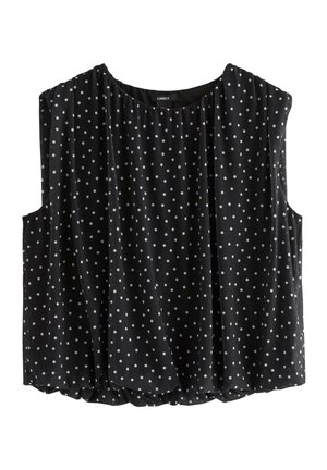 Sort ærmeløs bluse med hvide polkaprikker, rund halsudskæring og løs pasform, mærket Lindex.