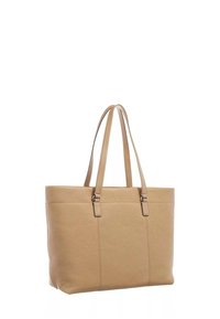 Sac tote en cuir beige avec deux longues anses, forme rectangulaire, surface texturée et design minimaliste. Présente des détails de couture horizontale.