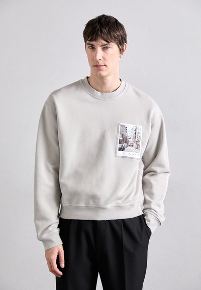 Sweatshirt gris clair avec un col rond et des poignets côtelés, présentant un patch photo sur la poitrine. Le tissu semble doux et légèrement texturé.